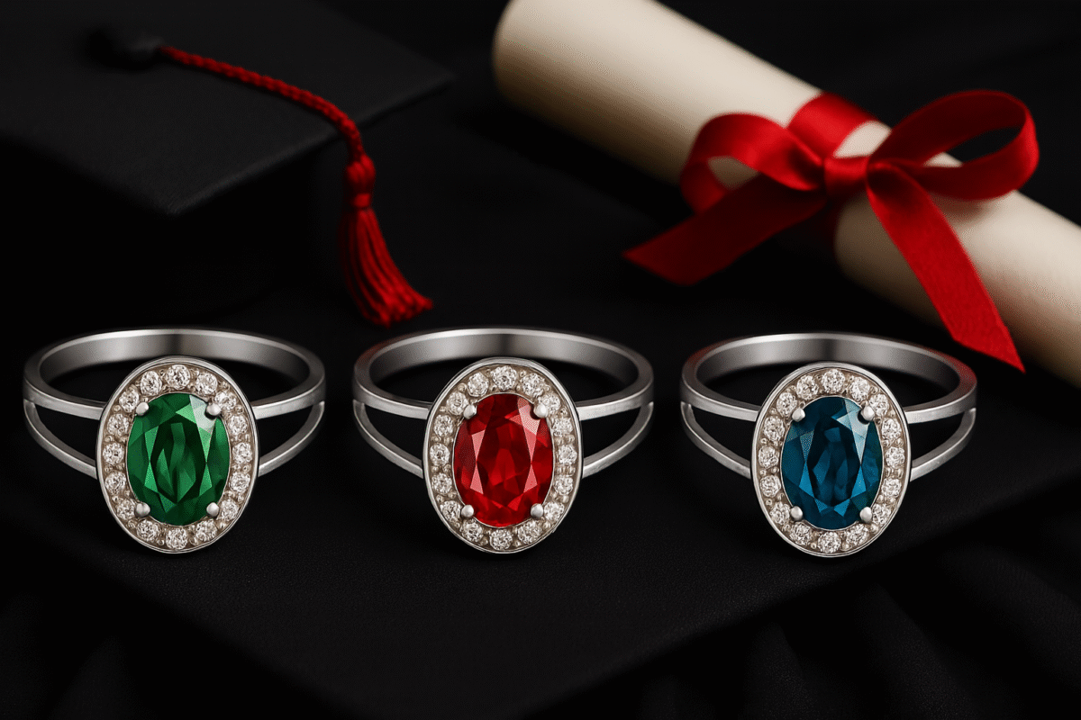 Anel de Formatura Prata 925 – Esmeralda, Safira ou Rubi