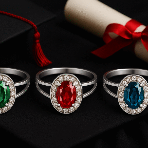 Anel de Formatura Prata 925 – Esmeralda, Safira ou Rubi